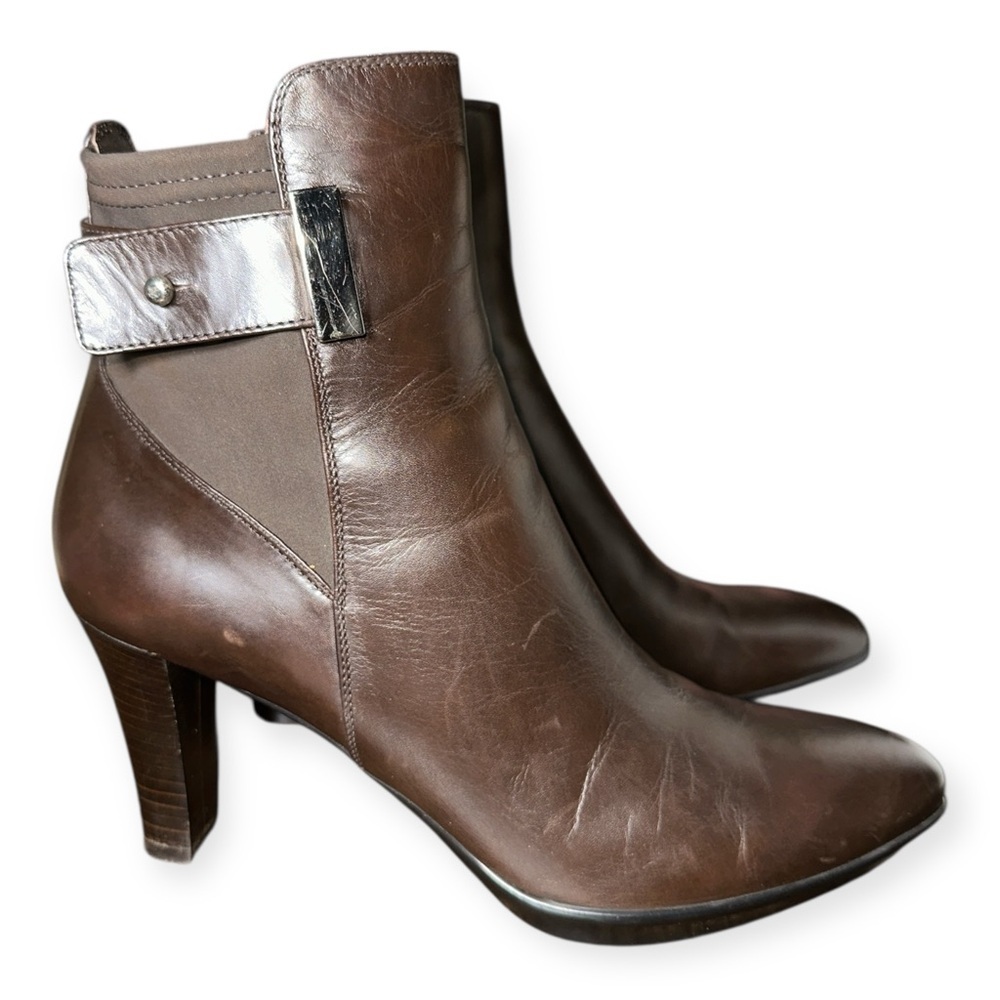 Aquatalia The Comma Brown Leather Zip Ankle Pointed Toe Bootie sz 9.5